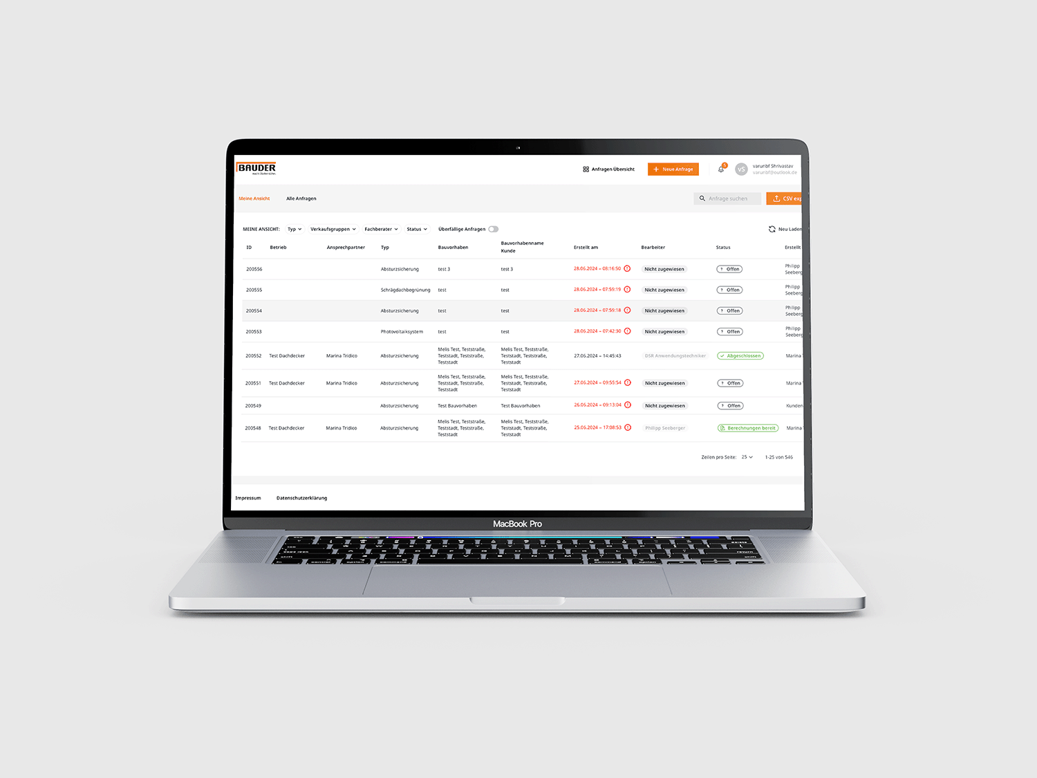 Bauder Service Requests - Dashboard-Ansicht